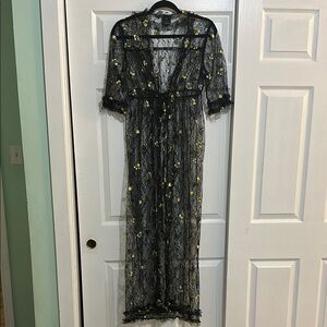 Anna Sui Black Sheer Lace Cover-up with Yellow Floral Accents